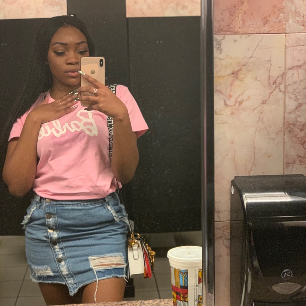Mini denim skirt AND pink t shirt